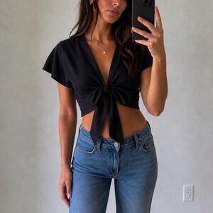 Seduction Y2K Black Tie Front Crop Top Flutter Sleeves Deep Vneck Women S